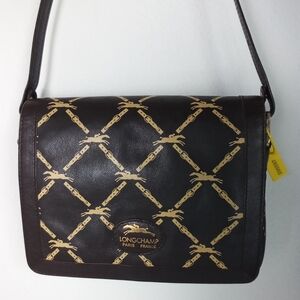 Longchamp Messenger Flap Bag Dark Brown Leather Horses Pristine Luxury